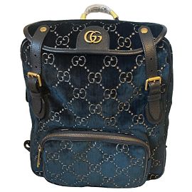 Gucci Velvet GG Monogram Small Double Buckle Backpack Blue