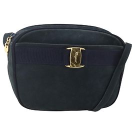 Borsa a Spalla Vala in Camoscio Blu Navy e Oro Auth BA11994 di Salvatore Ferragamo