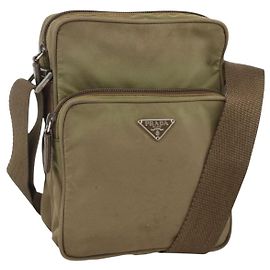 Bolsa de Ombro PRADA Nylon Caqui Prata Autêntica ARZ817