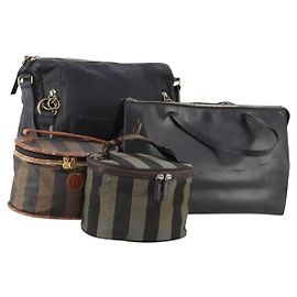 Fendi Chloe Borsa a Mano in Tela Pecan in Pelle 4 Pezzi Nero Marrone Auth BSZ448