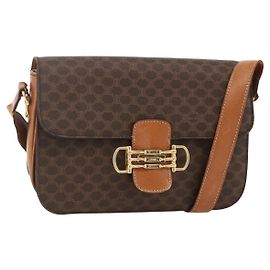 Céline CELINE Macadam Canvas Horsebit Schultertasche aus PVC-Leder in Braun und Gold Auth YKZ475
