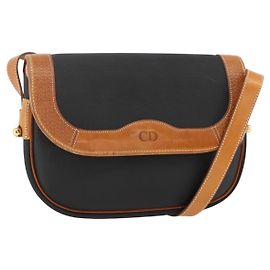 Bolso de Hombro Christian Dior de Lona Recubierta Negro y Dorado Auth SW2237
