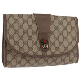 GUCCI GG Supreme Web Sherry Line Clutch Bag PVC Beige Oro Auth 174412