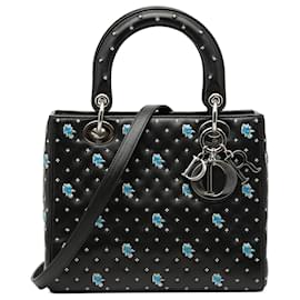 Dior Schwarz Mittel Kalbsleder Bestickte Blume Lady Dior