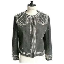 THE KOOPLES Chaqueta nueva de denim con tachuelas y perlas grises T1