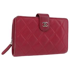 CHANEL Cartera Bifold Matelasse Piel de Cordero Roja Plata CC Auth YKZ104 - Chanel