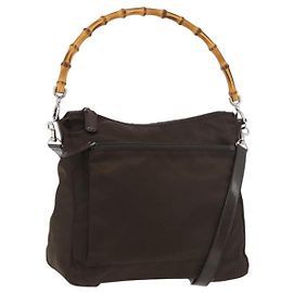 Borsa a mano in nylon Gucci Bamboo 2 vie marrone argento 000 2404 0509 Auth INZ083