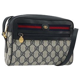 Borsa a Spalla GUCCI GG Supreme Sherry Line PVC Blu Navy Oro Rosso Auth YKZ858