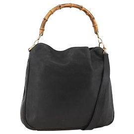 Bolso de Hombro de Cuero Gucci Bamboo 2way Negro Dorado 001 1577 Auth YKZ474