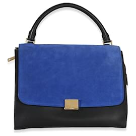 Céline Borsa Trapeze Piccola in Pelle di Vitello Grana Suede Blu Nero Crema di Celine