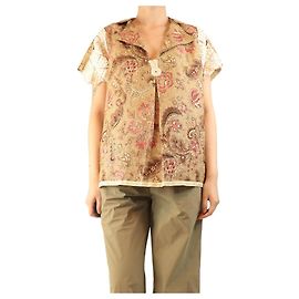 Autre Marque Camisa de algodón marrón de ganchillo y lino con estampado floral - Talla única