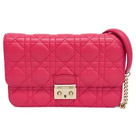 Christian Dior Cannage/Portafoglio a Spalla Lady Dior in Pelle di Agnello Rosa con Catena