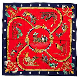 Sciarpa Hermès Carre 90 in seta rossa e blu navy
