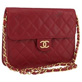 CHANEL Borsa a Spalla Matelassé in Pelle di Agnello Rossa Oro CC Auth YKZ368