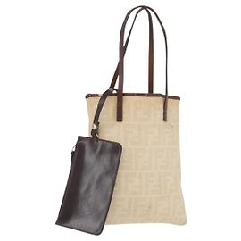 Bolso Tote de Lona Zucca FENDI Beige Plata Auth hk3658