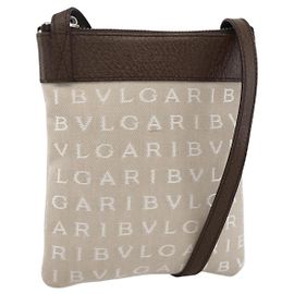Bulgari Borsa a Spalla BVLGARI Logo Mania Canvas Beige Argento Auth INZ044A