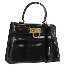 Salvatore Ferragamo Gancini Hand Bag Patent leather 2way Black Gold Auth BAZ603