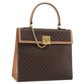 Céline Bolso de mano de lona Macadam CELINE en cuero PVC marrón dorado Auth INZ026A