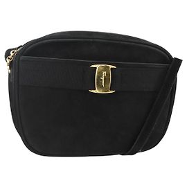 Borsa a Spalla Vala in Pelle Scamosciata Nera e Oro Auth BA11995 di Salvatore Ferragamo