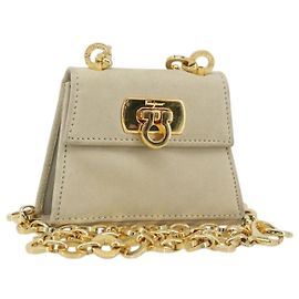 Bolsa Pouch em Suede Bege e Ouro Gancini da Salvatore Ferragamo Auth YKZ1630