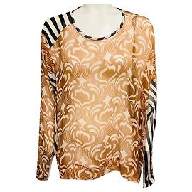 Blusa de gasa de seda transparente con estampado mixto Tan / Marfil / Negro de Dries van Noten