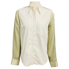 Camisa de mezclilla y satén de algodón blanca / verde salvia de Dries van Noten