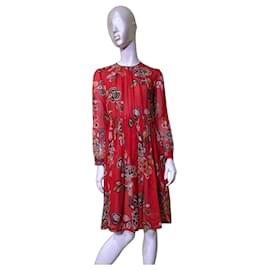 Abito Midi in Seta Floreale Msgm Rosso Multicolore