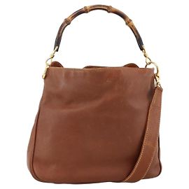 Sac à main en cuir GUCCI Bamboo 2 en 1 Marron Or 001 123 1638 Auth 174741