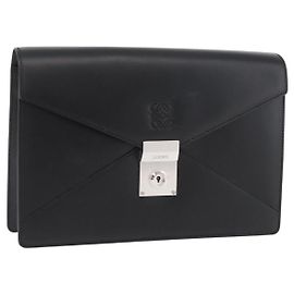 LOEWE Bolso Clutch Anagram de Cuero Negro Plata Auth BA11869