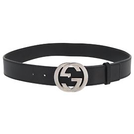 GUCCI Interlocking Gürtel Leder 98 cm Schwarz Silber 114984 Auth hk3646