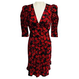 Autre Marque Vestido corto Colette de satén estampado de amapola carmesí negro / rojo Saloni