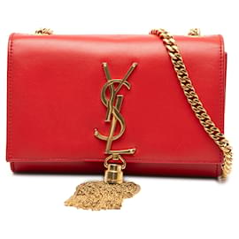 Saint Laurent Rosso Piccolo Crossbody in Pelle di Vitello Liscia Monogramma Kate con Frangia