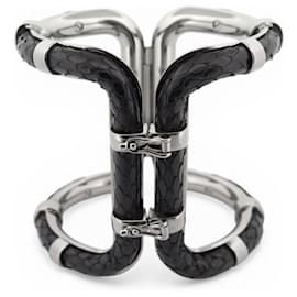 NUOVO BRACCIALE LANVIN MANICOTTO 16CM CUOIO DI PITONE NERO ACCIAIO PALLADIO - Lanvin