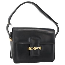Borsa a Spalla CÉLINE Carrozza in Pelle Nera e Oro Auth INZ094