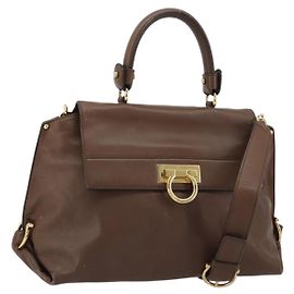 Borsa a mano in pelle Salvatore Ferragamo Gancini Sofia 2 in 1 Marrone Oro Auth INZ040