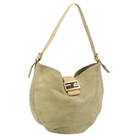 FENDI Mamma Baguette Schultertasche aus Wildleder Beige Gold Auth ARZ775