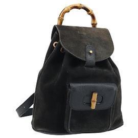 Zaino in Bambù GUCCI Camoscio Nero Oro 003 1956 0030 Auth th6639