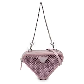 Pochette Triangolare in Satin e Pelle Decorata con Cristalli Rosa di Prada