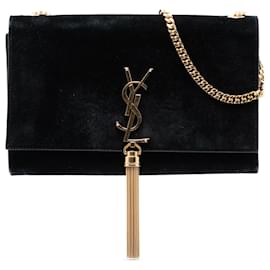 Borsa a tracolla Kate Monogram in suede nero medio con frange Saint Laurent