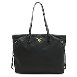 Borsa tote in nylon e pelle verniciata con logo Prada