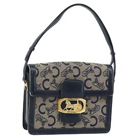 Céline CELINE C Sulky Horse Carriage Shoulder Bag Canvas Navy Gold Auth ARZ786