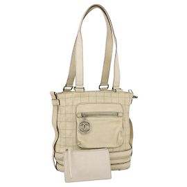 CHANEL Borsa a Mano Choco Bar Pelle Avorio Argento CC Auth bs34277