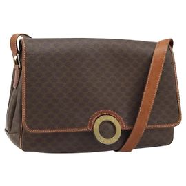 Céline Bolso de hombro circular de lona Macadam CELINE en cuero PVC marrón dorado Auth YKZ1025