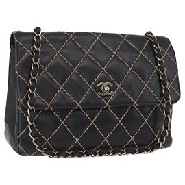 CHANEL Bicolore Big Matelassé 30 Flap Singolo Catena Pelle di Agnello Nero CC Auth BA905