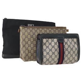 GUCCI GG Supreme Plus Borsa Clutch Sherry Line PVC 3 Set Nero Beige Auth 166799