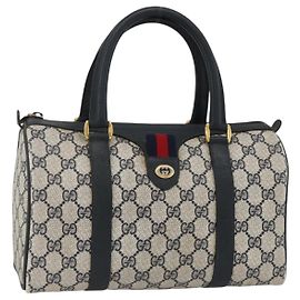 GUCCI GG Supreme Sherry Line Boston Bag PVC Navy Gold Red 40 02 006 Auth BAZ857