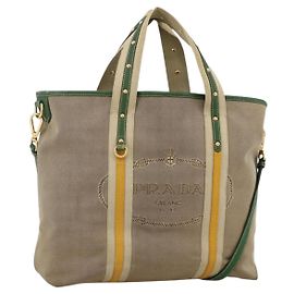 PRADA Tote Bag aus Canvas 2 in 1 Beige Gold Auth YKZ1102