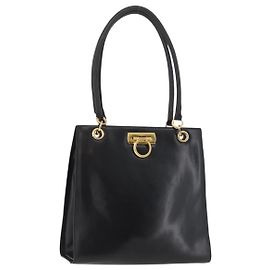 Borsa a Spalla Gancini in Pelle Nera e Oro Salvatore Ferragamo Auth ARZ826