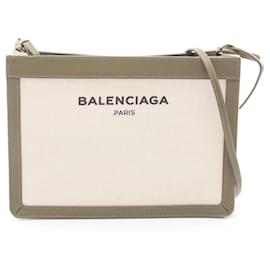 Borsa a spalla in tela e pelle Balenciaga khaki e bianca