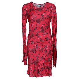 Ganni Floral-Print Langarm-Mini-Kleid aus roter Viskose